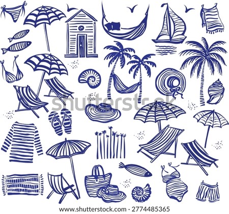 Hand drawn blue line set of beach striped seaside objects