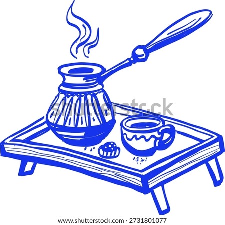 Hand drawn blue line sketch illustration of a traditional Turkish coffee pot cezve with hot coffee on a small serving tray, cup and dessert. Minimalist outline style. Concept of slow morning ritual, cozy breakfast, mindfulness, relaxation, home comfort and simple lifestyle