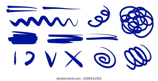 Hand Drawn Blue Marker lines and squiggle set. Vector Wavy line, Check mark, Twirl and Smears, isolated on White. Naive Doodle sketchy lines pack. Childish, Doodle free drawing.