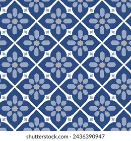 Handgezeichnetes blaues marokkanisches nahtloses Muster für Ramadan Kareem Grußkarten, islamische Hintergründe, Stoff, Web-Banner. Portugiesisches Azulejo-Fliesen-Design. Fußboden im Bad. Dekorvektordarstellung.