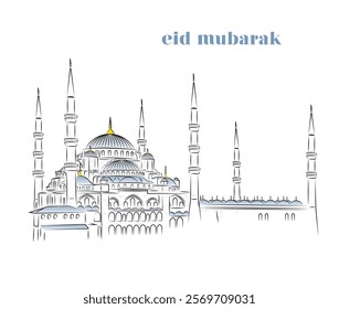 hand drawn blue mosque illustration, ramadan