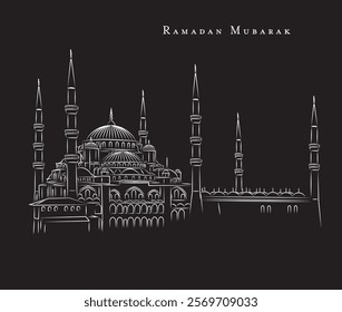 hand drawn blue mosque illustration, ramadan