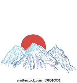 Hand drawn blue mountains and red rising sun. vector illustration