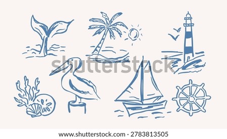 Hand drawn blue nautical elements collection