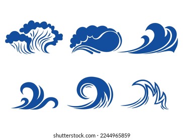Hand drawn blue ocean waves. Sketch sea tidal blue waves tide splash flat icons vector illustration isolated