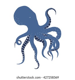 Hand drawn blue octopus on a white background. Vector illustration