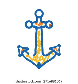 Handgezeichneter blauer Umrissanker mit gelber und orangefarbener Kritzelfüllung, die nautische Konzepte, Stabilität und Seefahrt auf sauberem, weißem Hintergrund symbolisiert
