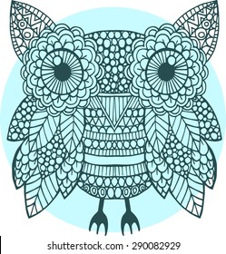 Hand drawn blue outline vector doodle owl illustration