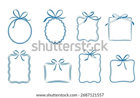 Hand drawn, blue outlined frames shaped like gift boxes are displayed with cute bows on top. They are in round, square, and rectangular variations on transparent backdrop.