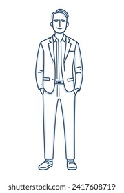 Hand drawn blue outline.Young man businessman in an office suit Full length stands. Line art cartoon vector illustration.