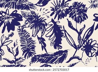 Hand drawn blue paint flowers with leaves seamless pattern. Ink drawing flowers native style, childish or primitive drawing. Blue vector botanical. Abstract brush stroke blossom with stems.