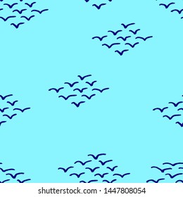 Hand drawn blue pattern with Gull in ocean,sea. Baby print, school background. Doodle style. Vector illustration.