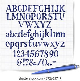 Hand drawn blue pen sketch font on lined paper background