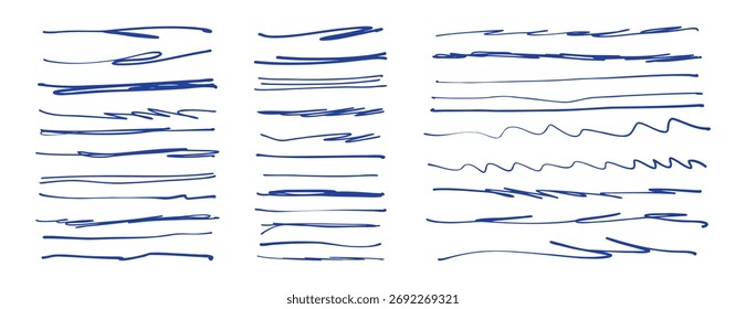 Traços de sublinhado de caneta azul desenhados à mão. traço de caneta à mão livre esboço rabiscos de pincel, marcador de tinta rabisca linhas. Ilustração vetorial