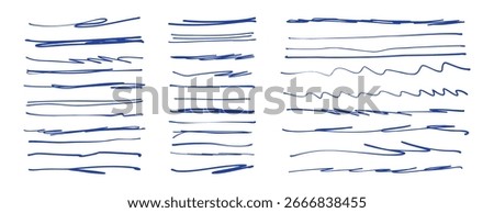 Hand drawn blue pen underline strokes. freehand pen stroke sketch brush scribbles, ink marker squiggle lines. Vector illustration