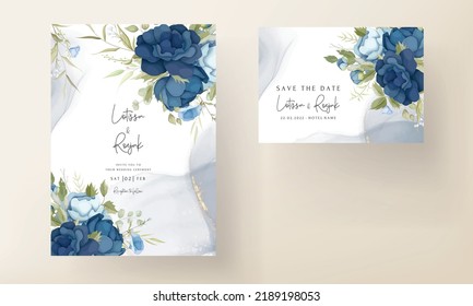 Hand drawn blue peony flowers wedding invitation