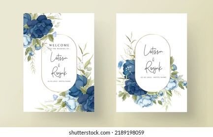 Hand drawn blue peony flowers wedding invitation