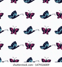 Hand drawn blue and pink butterfly on a white background with random  pastel blue and pink dots .Perfect for scrap booking , fashion and home decor projects. Surface pattern design.