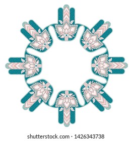 Hand drawn blue pink hamsa circle bacground, doodle style  illustration for coloring book page, graphic. Ornamental sketch for a tattoo, poster or print sketch, collection boho stock vector illustrati