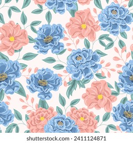 Hand Drawn Blue and Pink Rose Seamless Pattern