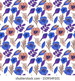 Hand drawn blue and pink trendy colors floral seamless pattern. Doodle vector flowers colored background