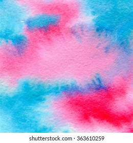 Hand drawn blue and pink watercolor abstract paint texture. Vector wet background.