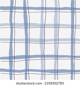 Hand Drawn blue plaid with Vector Seamless Pattern. Doodle Cottagecore Checks with Homestead Farmhouse Print wallpaper. Dark lines. Pastel Summer Graphic Background