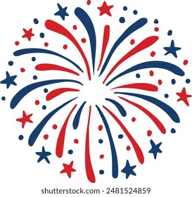 Hand drawn blue red fireworks. Bursting light and stars, pyrotechnics isolated on background. 4th July, Independence day party celebration. Vector illustration in Usa, Czech, Russia French flag color