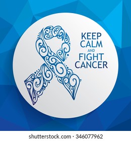 Hand drawn blue ribbon for prostate / rectal / colon / colorectal cancer awareness on white circle and blue lowpoly background.