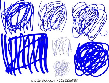 Hand drawn blue scribble line shape light vector set. Blue ink scribble brush stroke collection. Logo design elements. Chaos scribble pattern. Blue ink pen scribble
