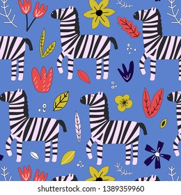 Hand drawn blue seamless background with zebras and flowers.Pattern with cute design. Scandinavian style design. Vector illustration