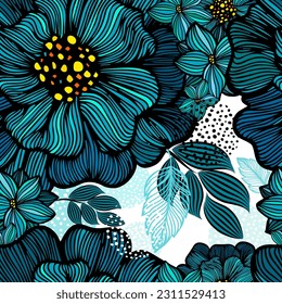 Hand drawn blue seamless pattern. Turquoise graphic flowers. seamless background. Vector illustration