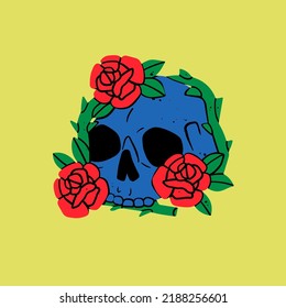 Hand drawn blue Skull with red flowers. Roses or peonies. Trendy isolated colorful Vector illustration. Cartoon, vintage style. Poster, tattoo flash, t-shirt print, sticker, logo design template