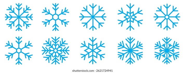 Handgezeichnete blaue Schneeflocke doodle Vektorsymbol-Sammlung, Winter Schnee Symbol. Große Menge linearer Schneeflocken-Symbole. Blaue Schneeflocken Ikone Set, Weihnachten Schneeflocke Silhouette. Schneeflocken-Vektorsymbol-Paket.