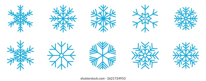 Dibujado a mano azul copo de nieve doodle icono de Vector colección, símbolo de nieve de invierno. Gran conjunto de iconos de copo de nieve lineal. Conjunto de iconos de copo de nieve azul, silueta de copo de nieve de Navidades. paquete de iconos de Vector de copo de nieve.