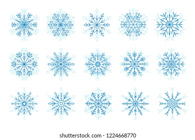 Hand drawn blue snowflake icon set. Vector illustration, isolated on white background.