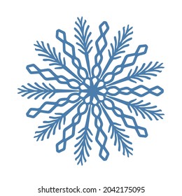 Icono de copo de nieve azul dibujado a mano aislado en fondo blanco. Ilustración vectorial de heladas de escurrimiento de nieve de elemento de diseño invernal.