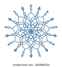Icono de copo de nieve azul dibujado a mano aislado en fondo blanco. Ilustración vectorial de heladas de escurrimiento de nieve de elemento de diseño invernal.