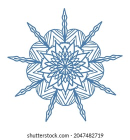 Icono de copo de nieve azul dibujado a mano aislado en fondo blanco. Ilustración vectorial de heladas de escurrimiento de nieve de elemento de diseño invernal.