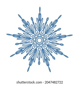 Icono de copo de nieve azul dibujado a mano aislado en fondo blanco. Ilustración vectorial de heladas de escurrimiento de nieve de elemento de diseño invernal.