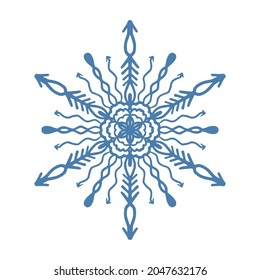 Hand gezeichnete blaue Schneeflocke Symbol einzeln auf weißem Hintergrund. Winterdesign Element Schnee Flitter Frost Kristall Vektorgrafik.
