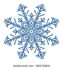 Hand drawn blue snowflake icon isolated on white background. Winter design element snow flake frost crystal vector illustration.