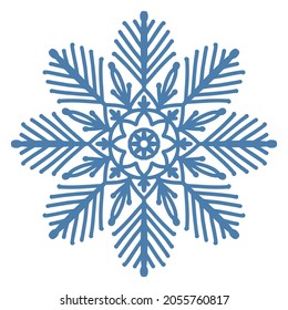 Hand drawn blue snowflake icon isolated on white background. Winter design element snow flake frost crystal vector illustration.