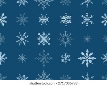 Dibujado a mano azul copo de nieve sin patrón. Ilustración de boceto de Vector en estilo vintage de carbón de crayón. Patrones de copos de nieve para invierno, vacaciones y diseño estacional. Decoración de Navidad