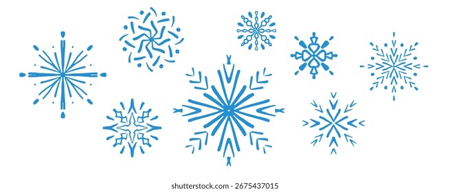 Handgezeichnete blaue Schneeflocken auf isoliertem Hintergrund. Dekorative Winter-Doodle-Eiskristalle für Weihnachtsrand, Neujahrsbanner, festliche Karte, Poster, Web-Design. Vektorgrafik.