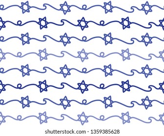 Hand Drawn Blue Star of David seamless pattern on White background