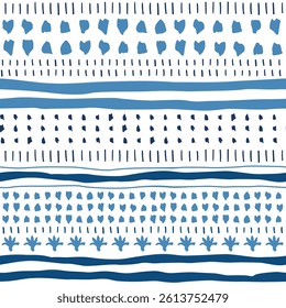 Hand drawn blue stripes on white background. Vector striped seamless pattern. Tropical costal print, cute summer lines, polka dot, flowers, spots, stroke element for textile design, fabric, wallpaper.