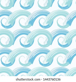 Hand drawn blue stylised ocean waves with painterly effect. Seamless geometric vector pattern on white background. Great for marine themed products, spa, wellness, beauty, stationery, giftwrap.