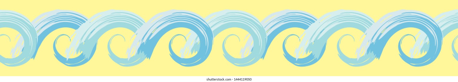Hand drawn blue stylised ocean wave border with painterly effect. Seamless geometric vector pattern on sunny yellow background. Great for marine themed products, wellness, beauty, stationery, bathroom