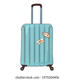 Hand Drawn Blue Suitcase. Summer vacation attribute for logo, advertising template, web design, prints, backgrounds. Line drawing vector baggage isolated illustration